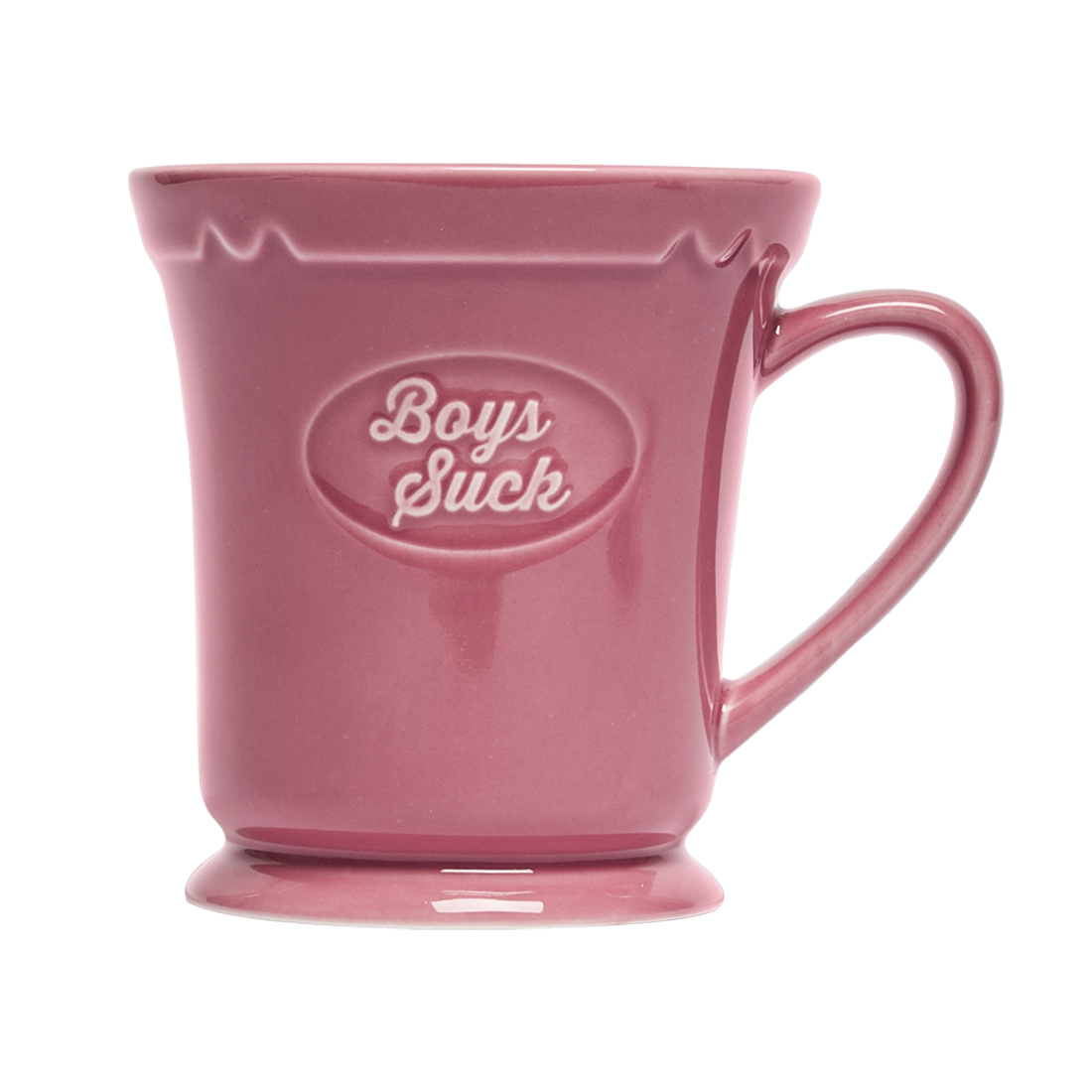 Pink mug with 'Boys Suck' text on a white background