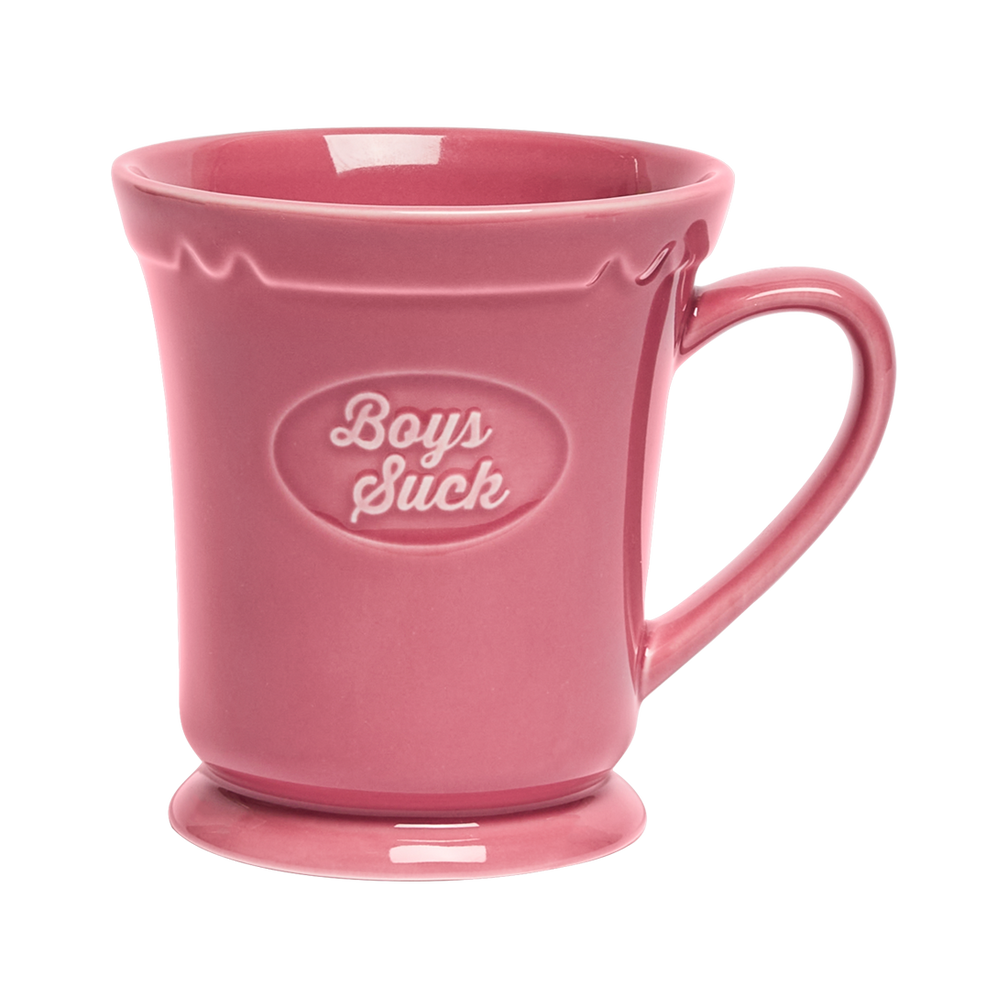 Pink mug with 'Boys Suck' text on a white background
