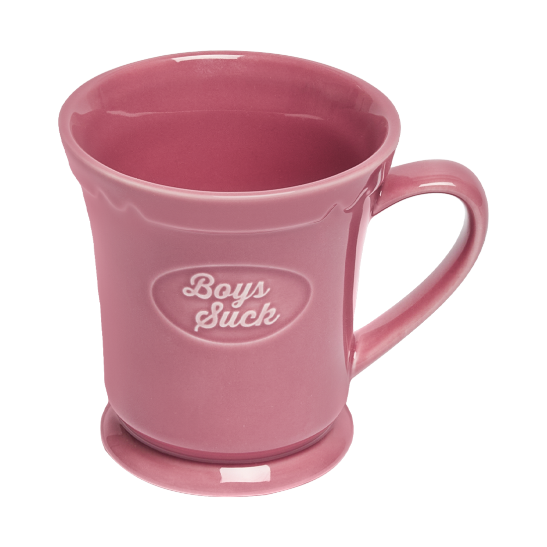 Pink mug with 'Boys Suck' text on a white background