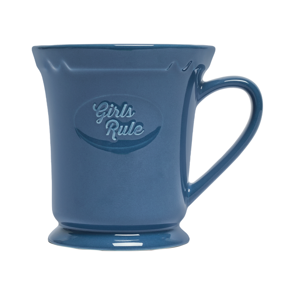 Blue mug with 'Girls Rule' text on a white background