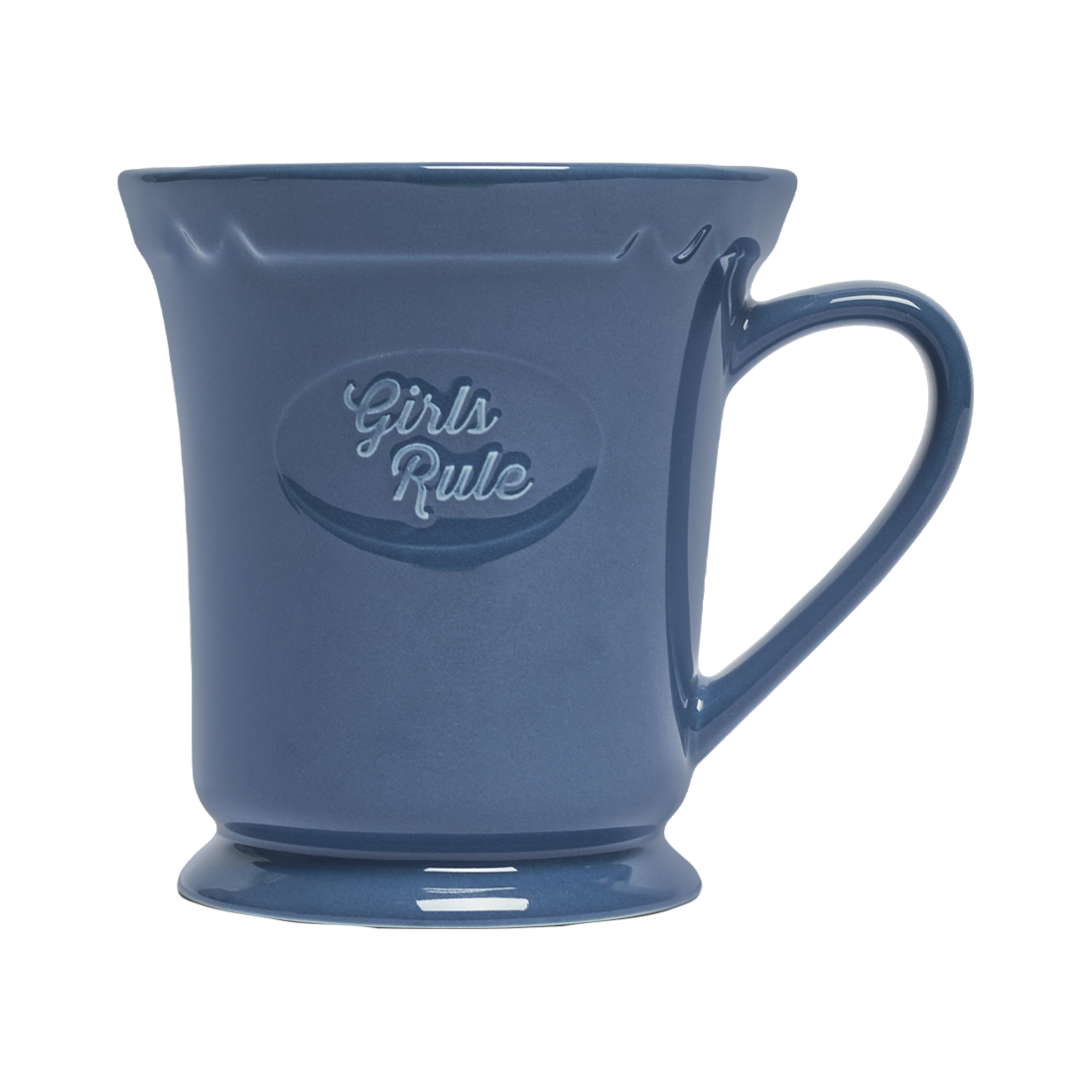 Blue mug with 'Girls Rule' text on a white background