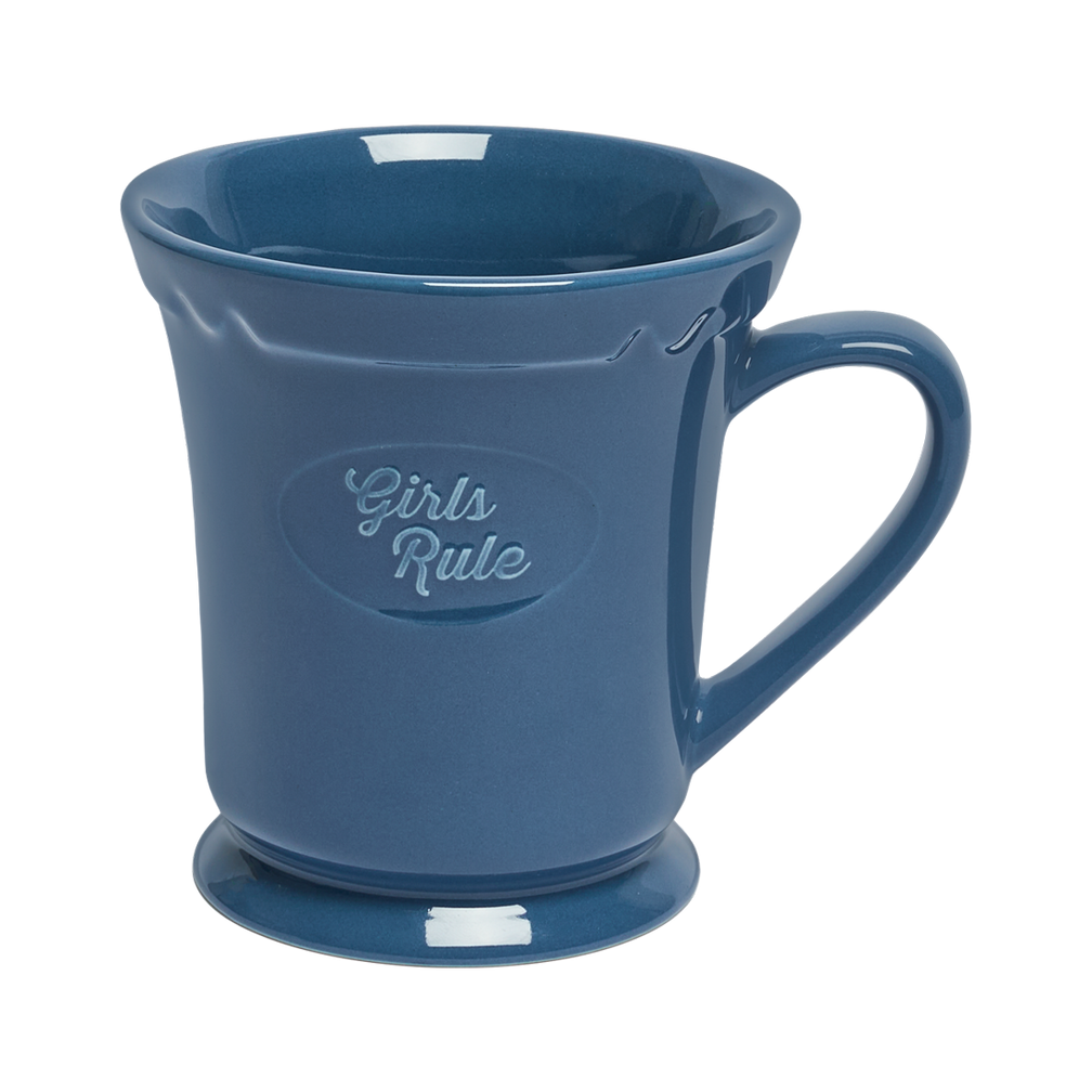 Blue mug with 'Girls Rule' text on a white background
