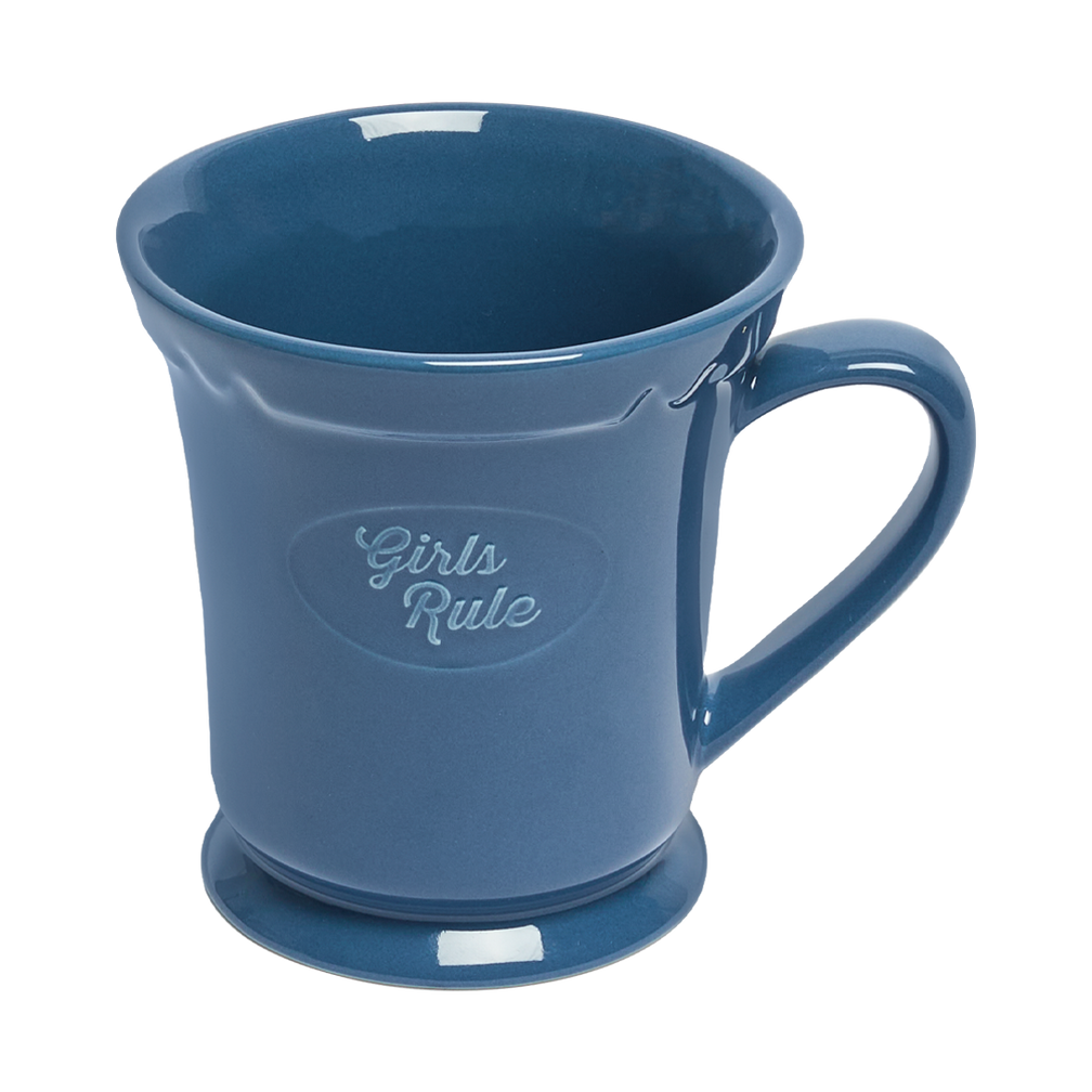 Blue mug with 'Girls Rule' text on a white background