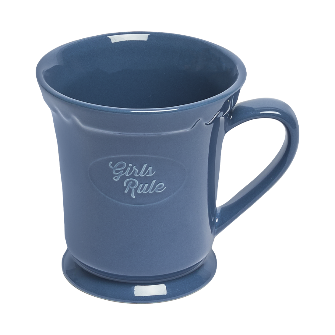 Blue mug with 'Girls Rule' text on a white background