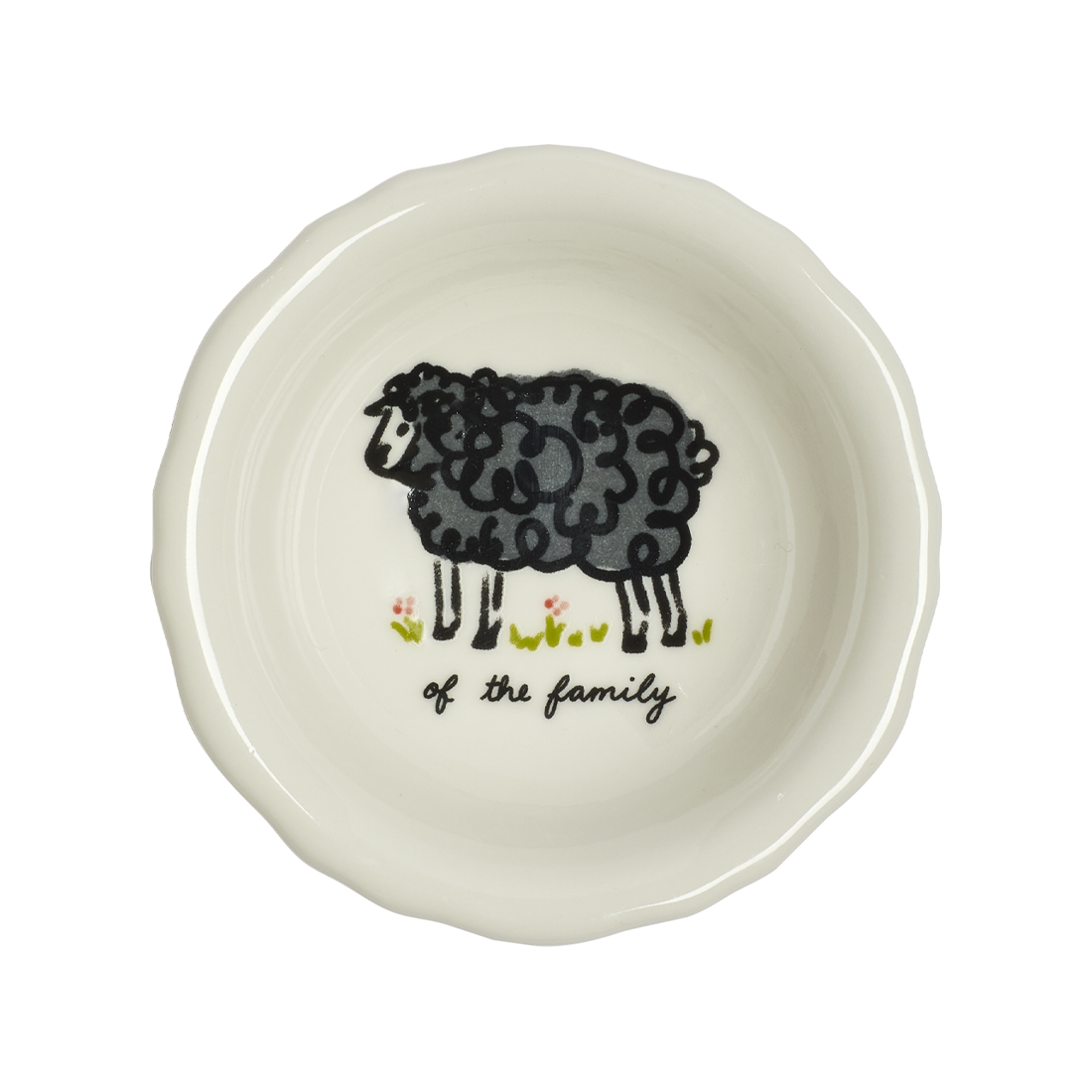 White ceramic plate with a black sheep illustration and text on a white background