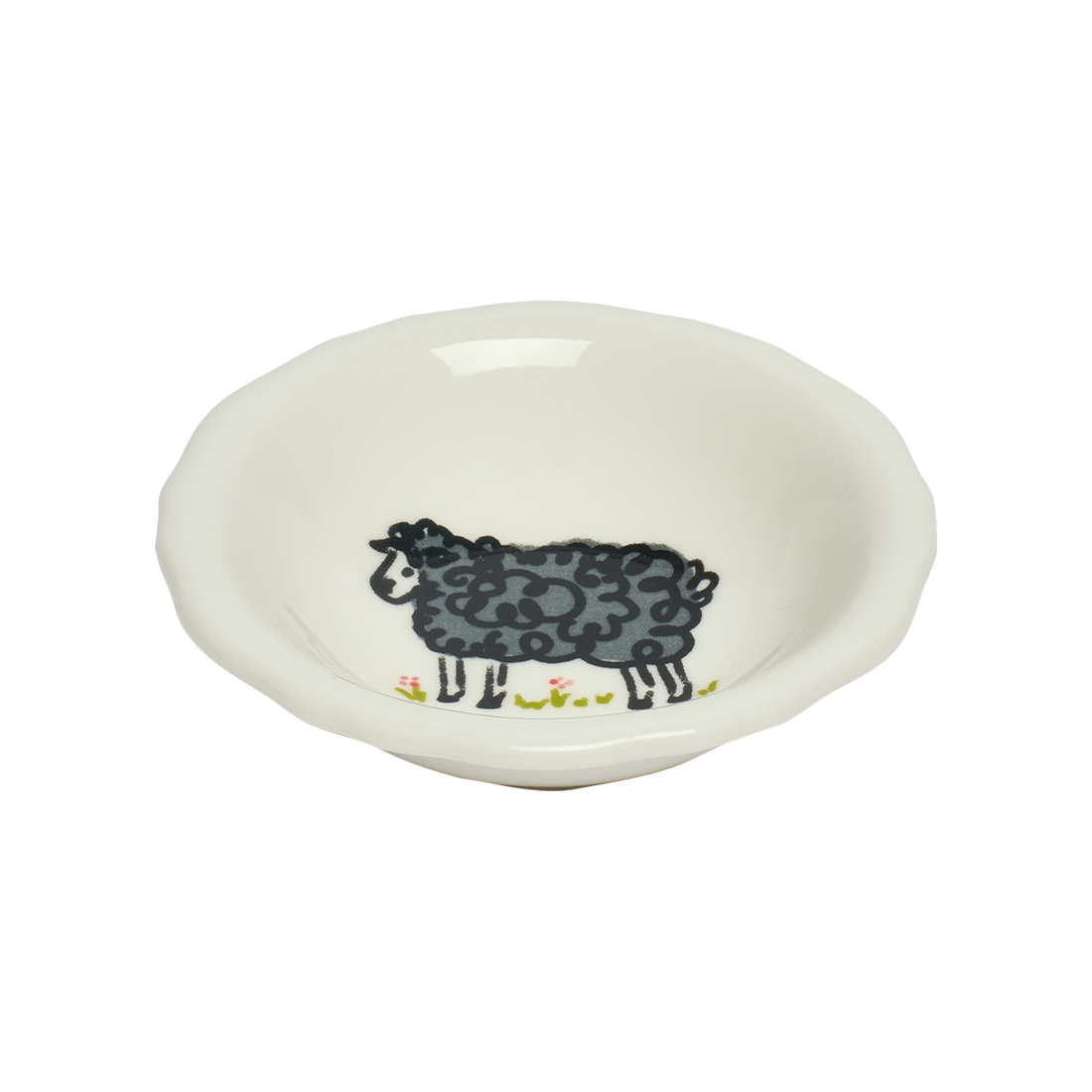 White ceramic bowl with a black sheep design on a white background