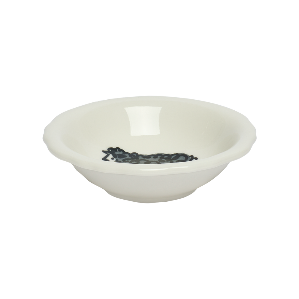 White ceramic bowl with a black design on a white background