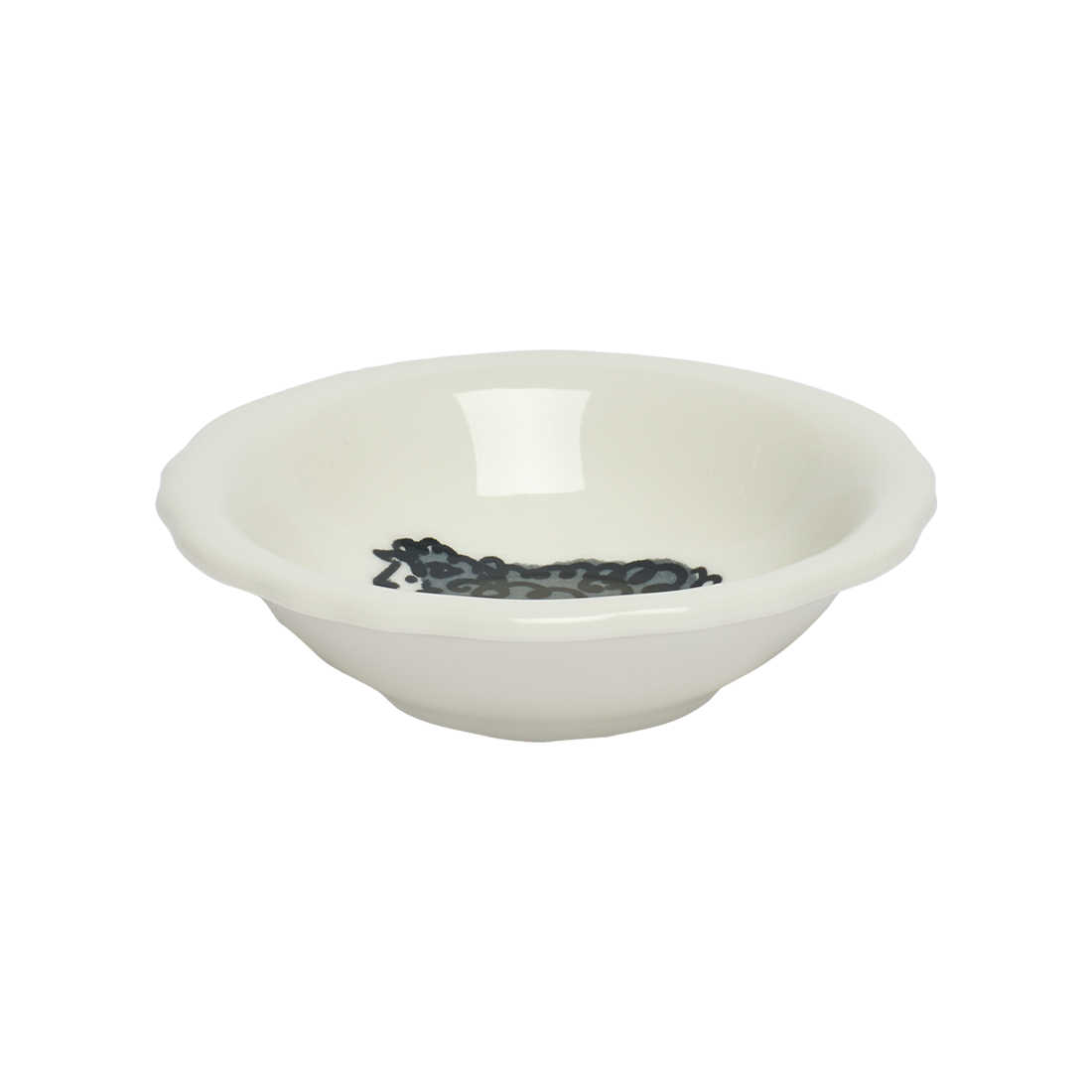 White ceramic bowl with a black design on a white background