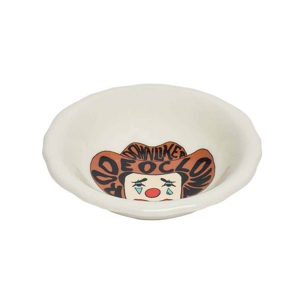 White bowl with a cartoon character design on a white background