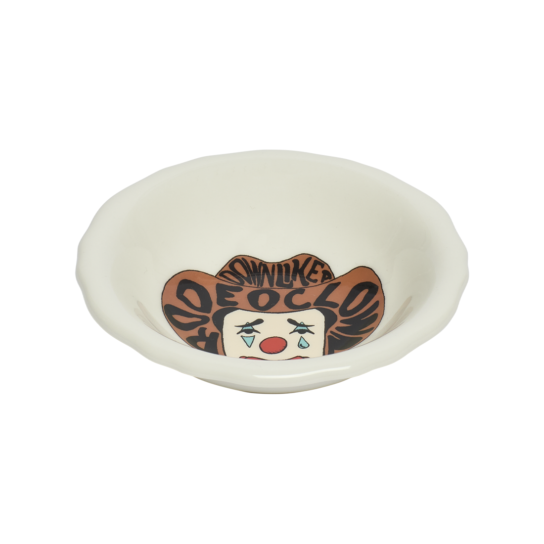 White bowl with a cartoon character design on a white background