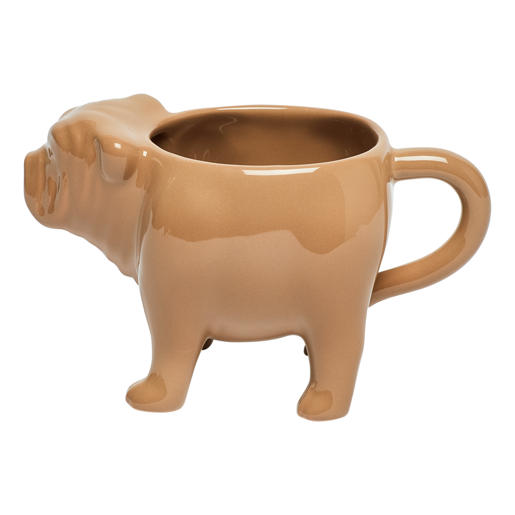 Beige ceramic mug shaped like a dog on a white background