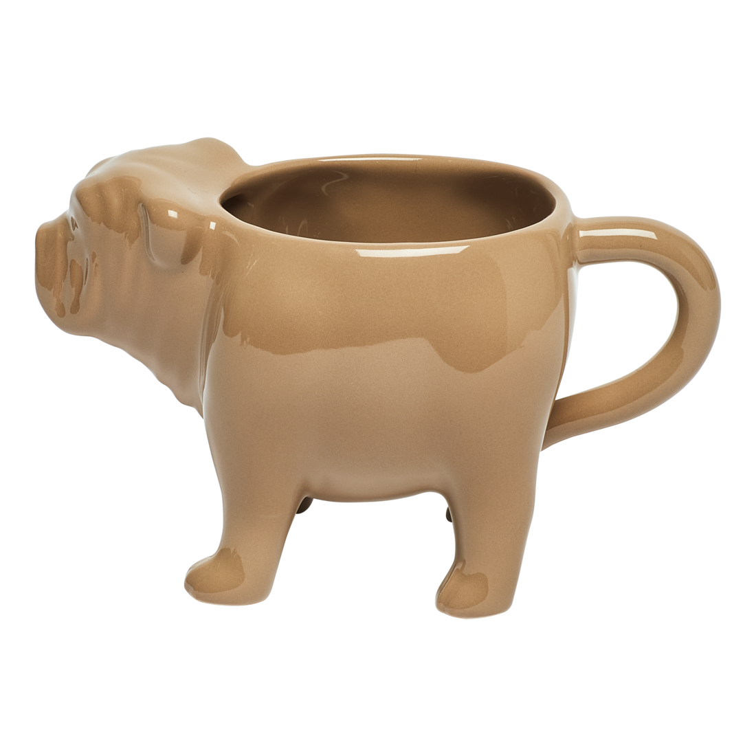 Beige ceramic mug shaped like a dog on a white background