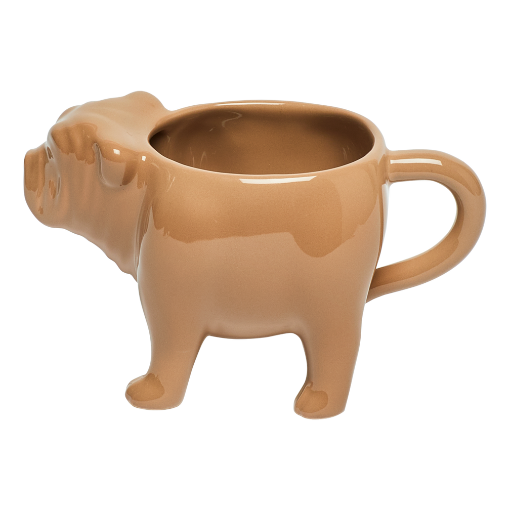Beige ceramic mug shaped like a dog on a white background