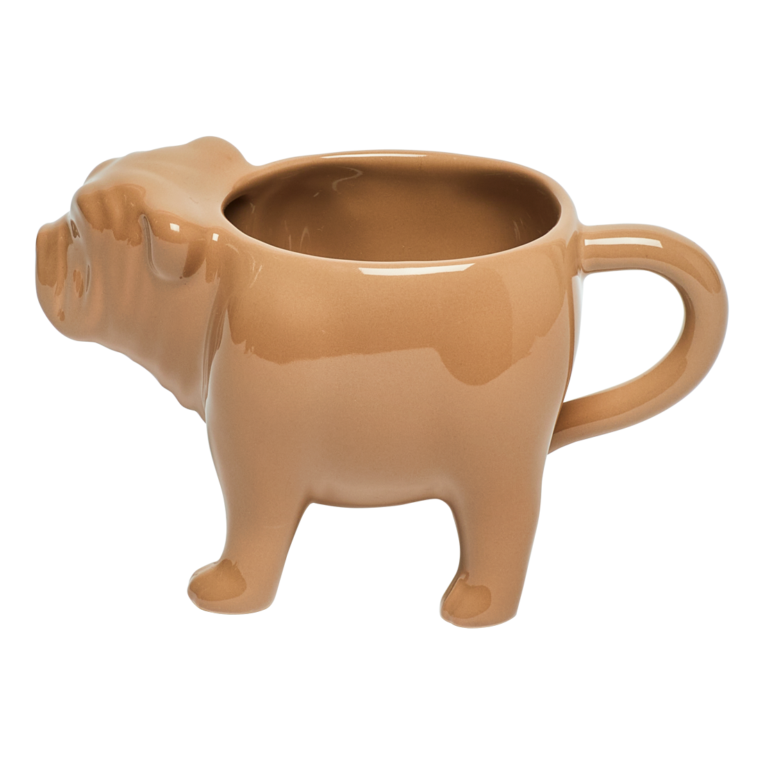 Beige ceramic mug shaped like a dog on a white background