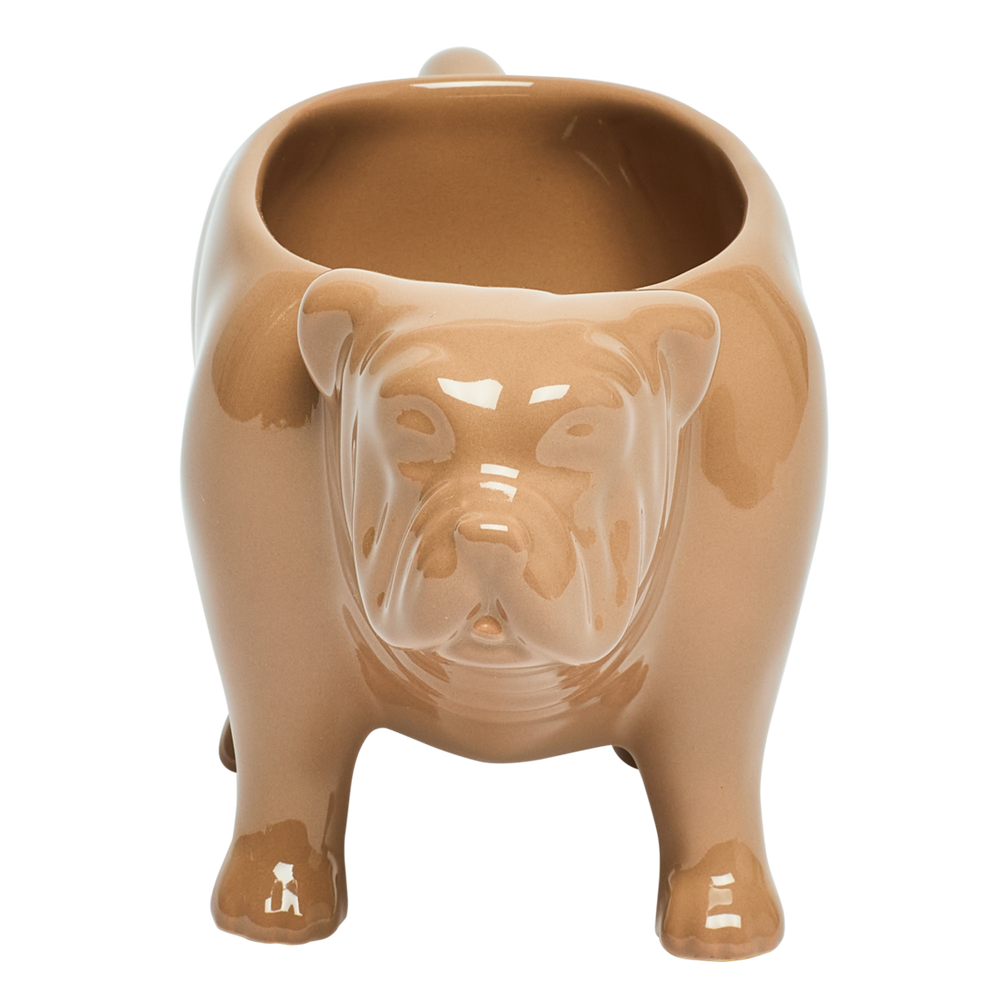 Brown ceramic bulldog-shaped mug on a white background