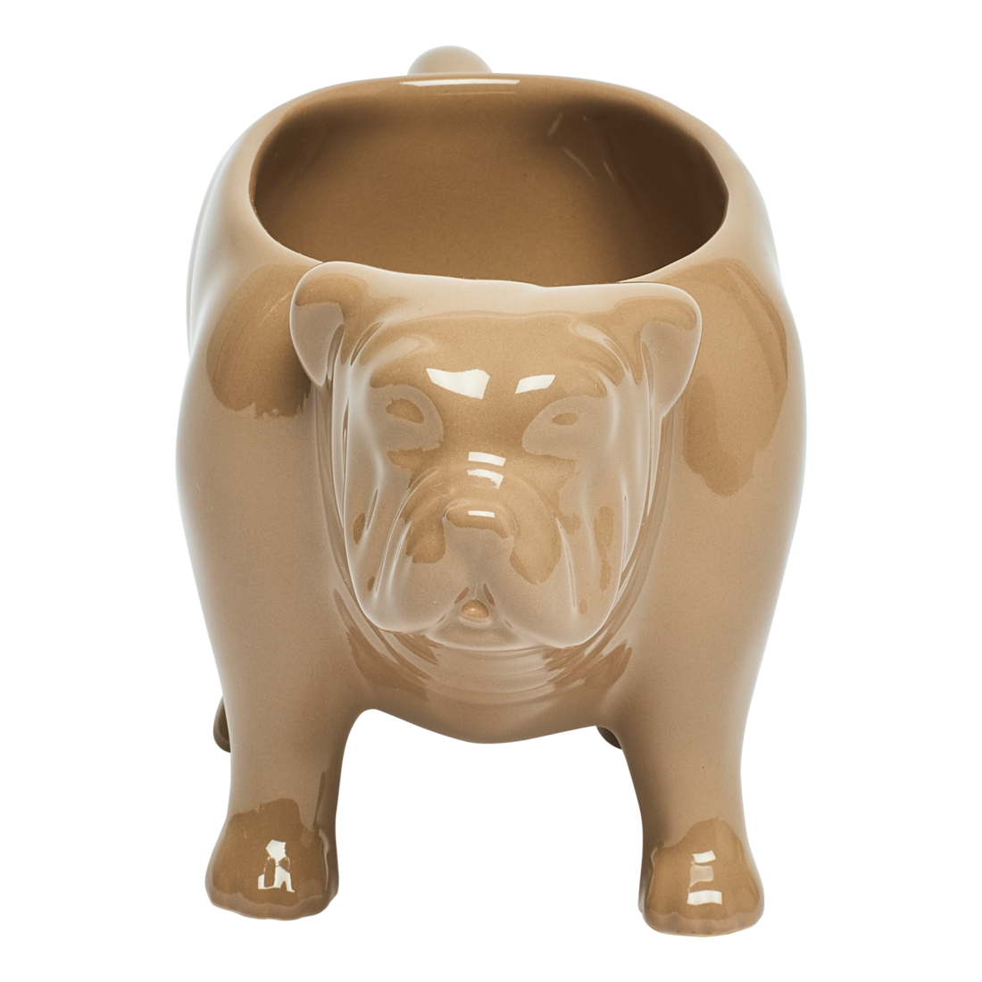 Brown ceramic bulldog-shaped mug on a white background