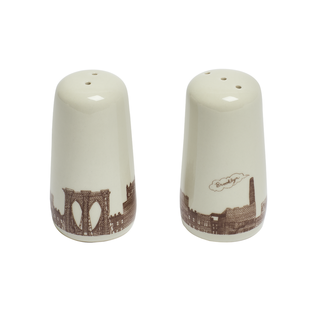 Two ceramic salt and pepper shakers with a Brooklyn Bridge design on a white background