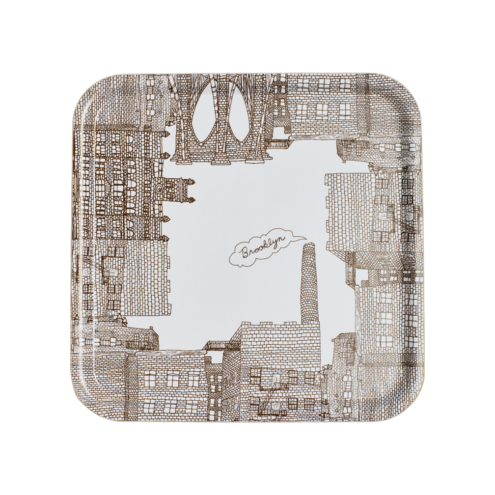 Decorative tray with a cityscape design on a white background