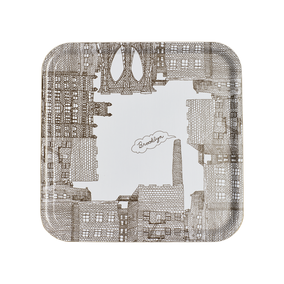Decorative tray with a cityscape design on a white background