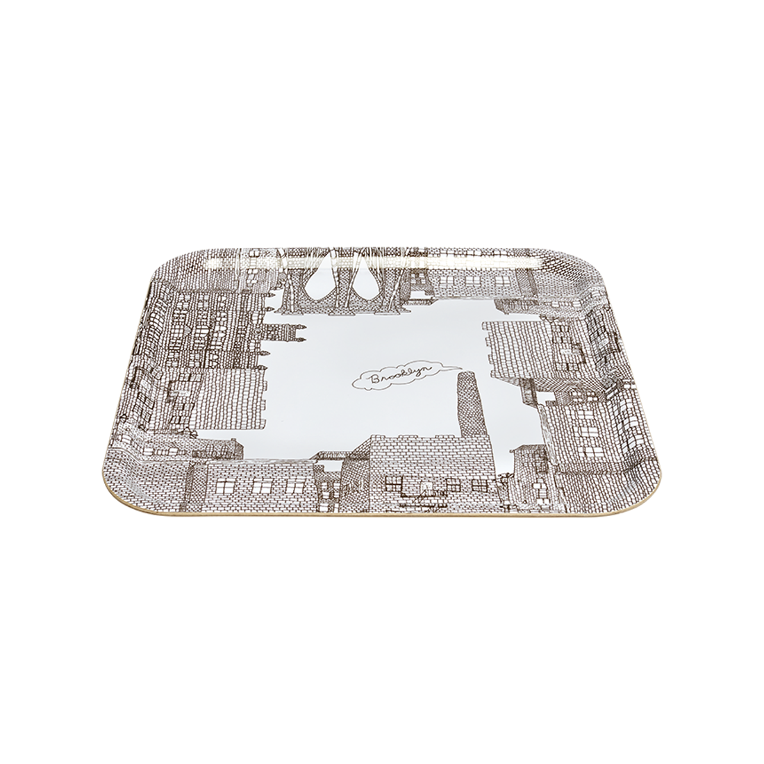 Decorative tray with cityscape design on a white background