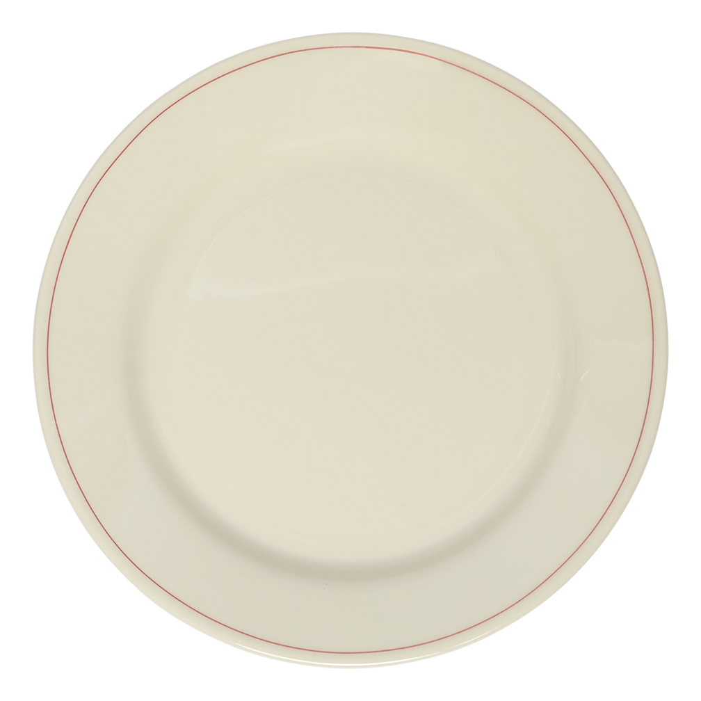 Beige ceramic plate with a red rim on a white background
