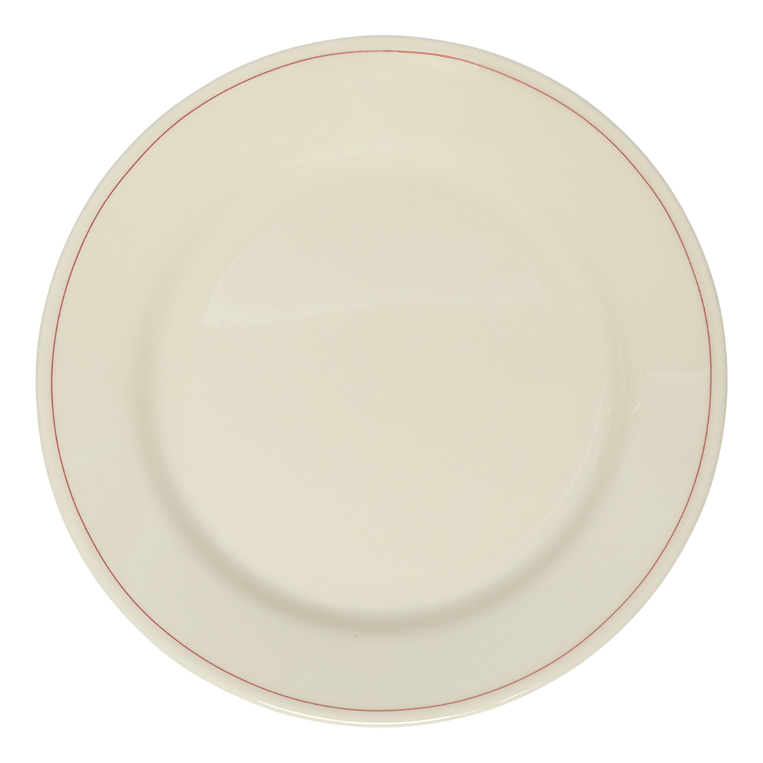 Beige ceramic plate with a red rim on a white background