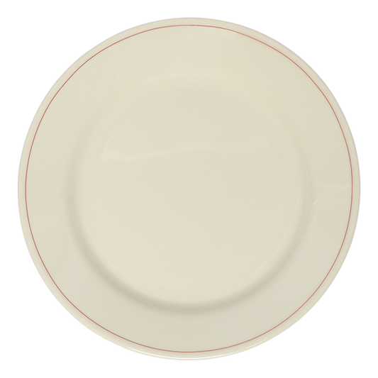 Beige ceramic plate with a red rim on a white background