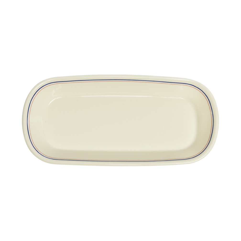 Rectangular ceramic plate with a blue rim on a white background