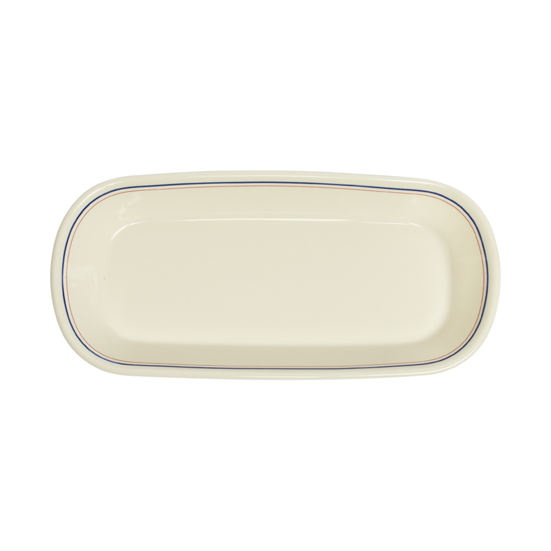 Rectangular ceramic plate with a blue rim on a white background