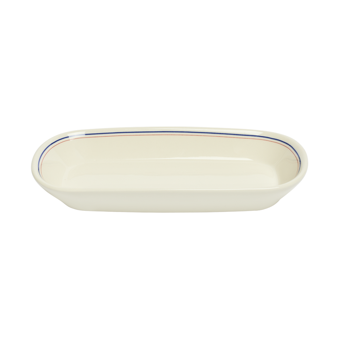 Rectangular ceramic dish with blue rim on a white background