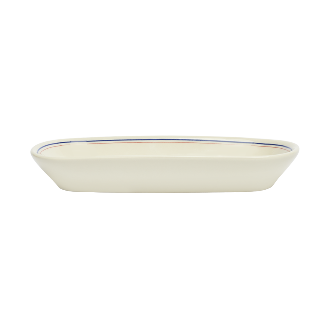 White ceramic dish with blue rim on a white background
