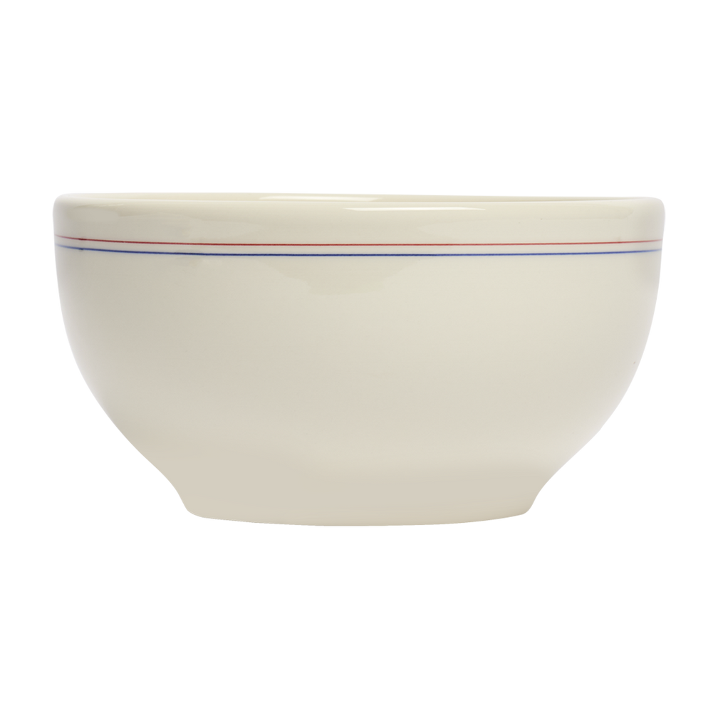 Beige ceramic bowl with a thin blue stripe on a white background