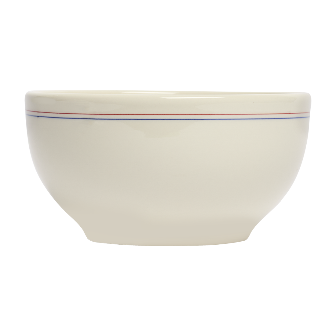 Beige ceramic bowl with a thin blue stripe on a white background