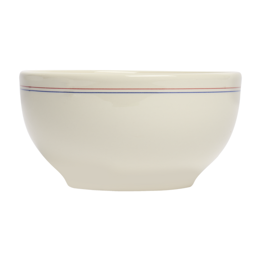 Beige ceramic bowl with a thin blue stripe on a white background