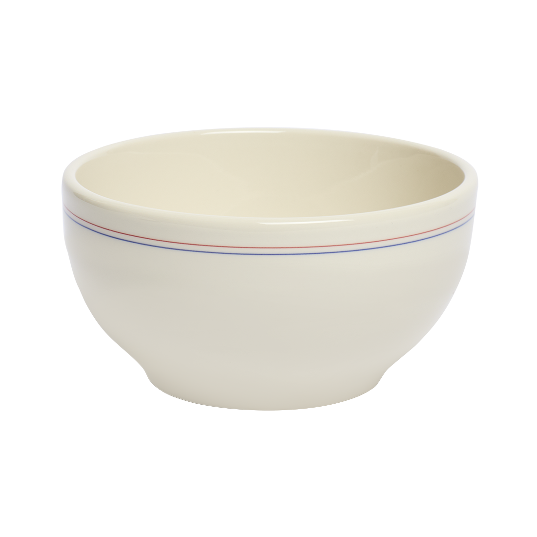 Beige ceramic bowl with colorful stripes on a white background