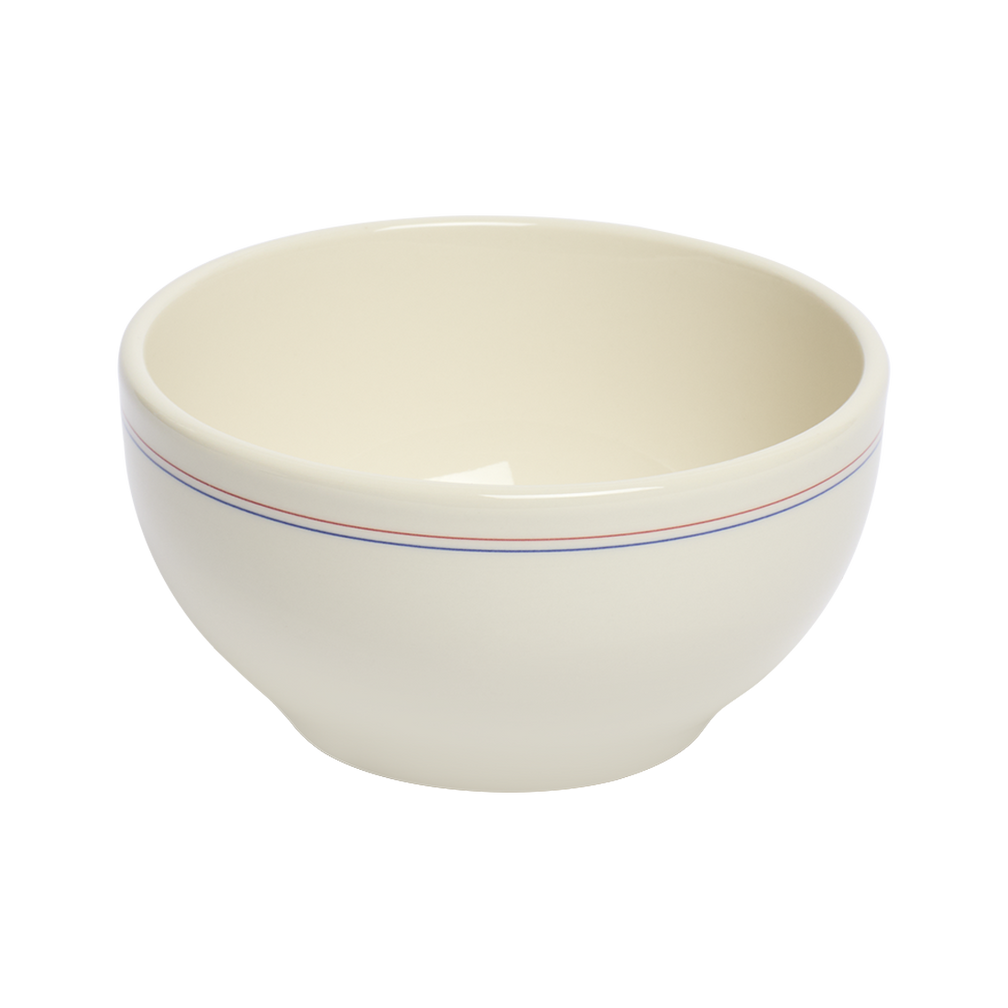 White ceramic bowl with colorful rim on a white background