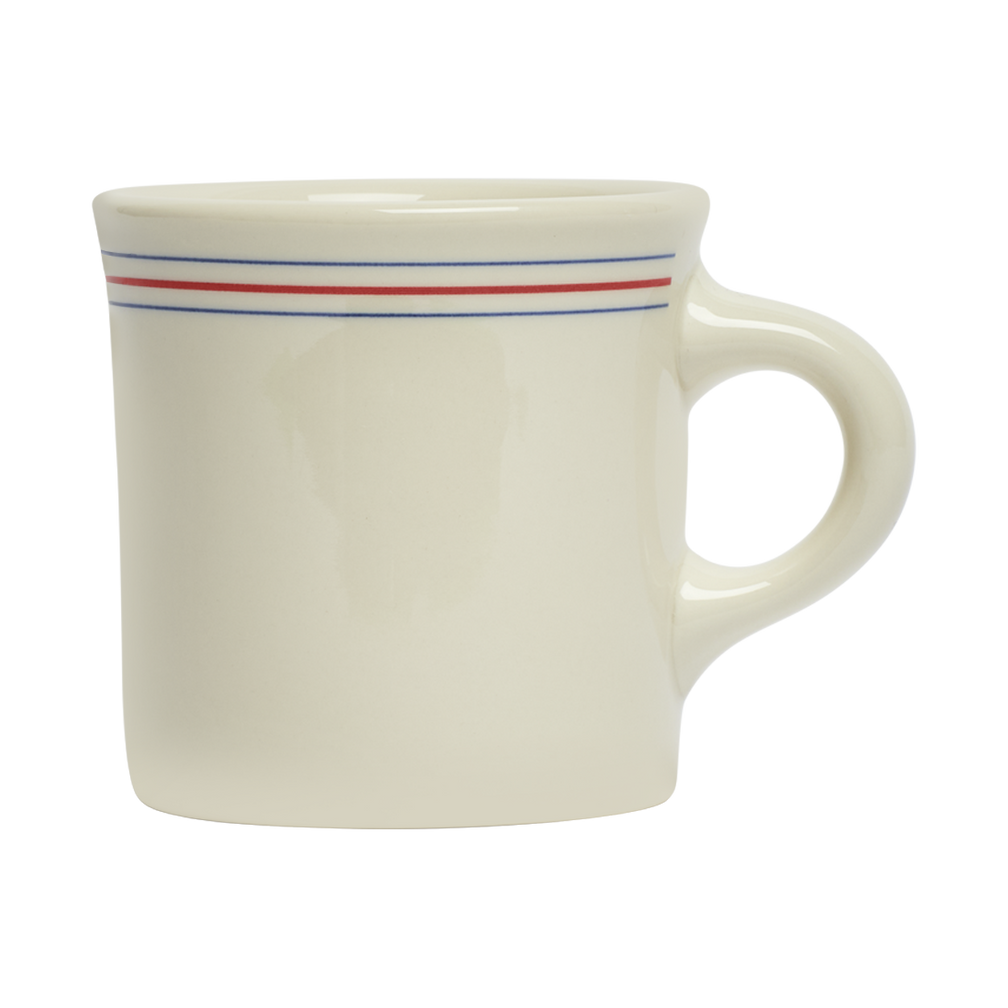 White mug with red and blue stripes on a white background