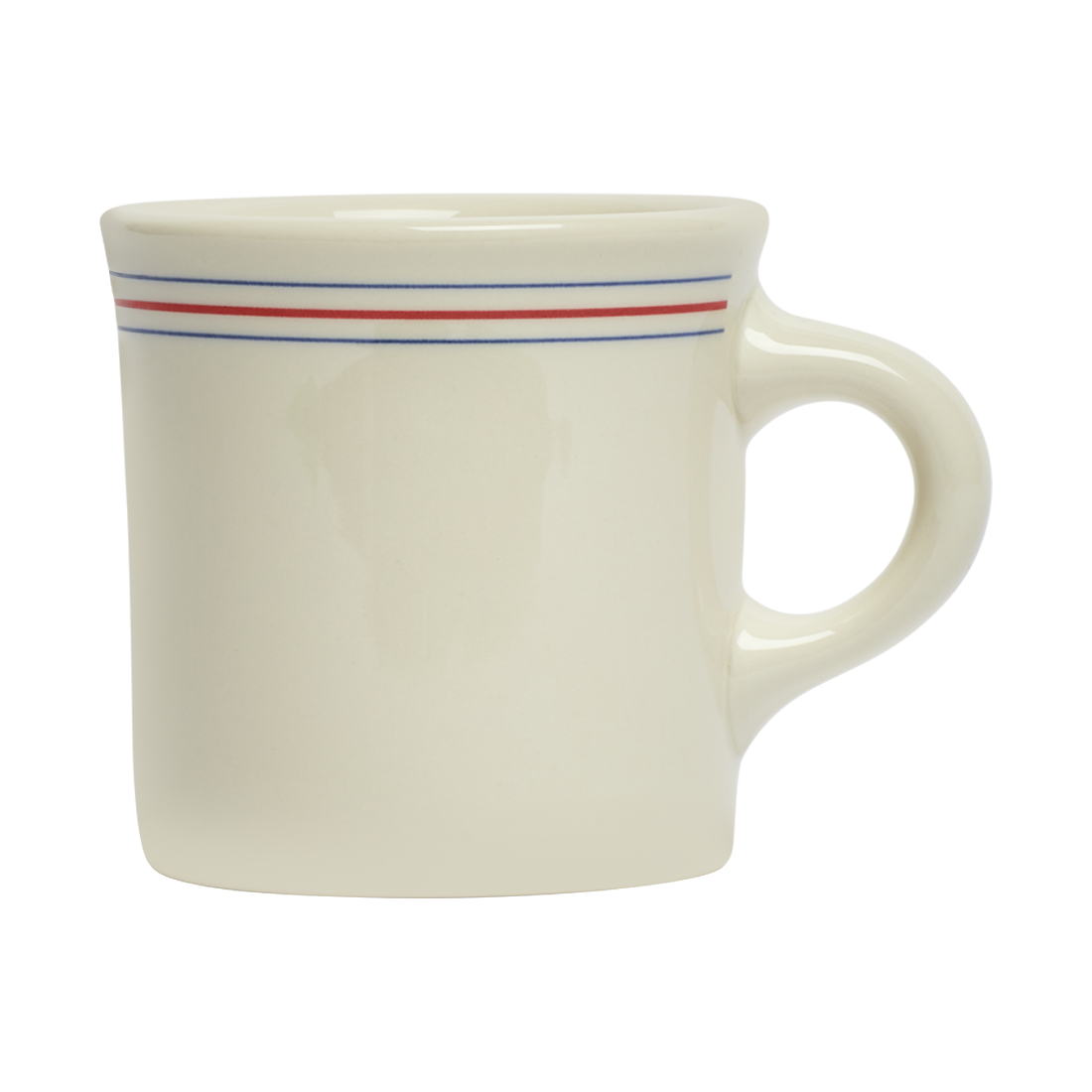 White mug with red and blue stripes on a white background