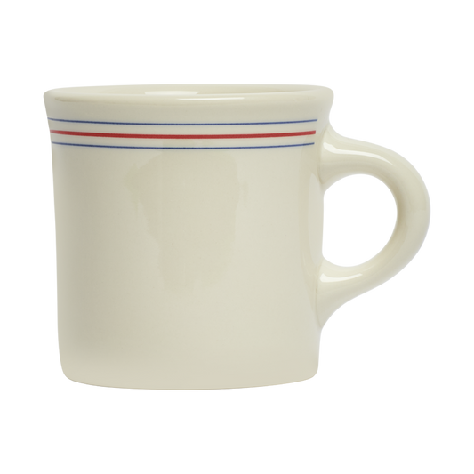 White mug with red and blue stripes on a white background