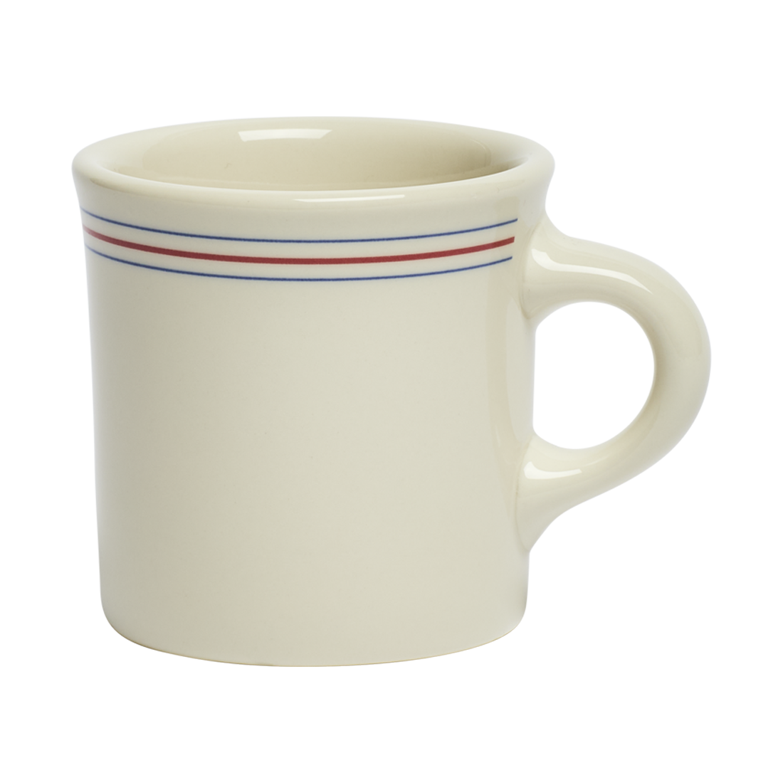 White mug with red and blue stripes on a white background