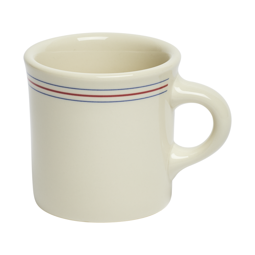 White mug with red and blue stripes on a white background
