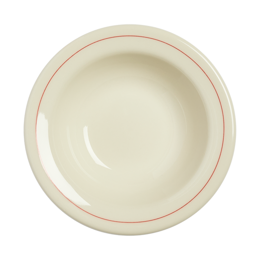 White ceramic bowl with a red rim on a white background