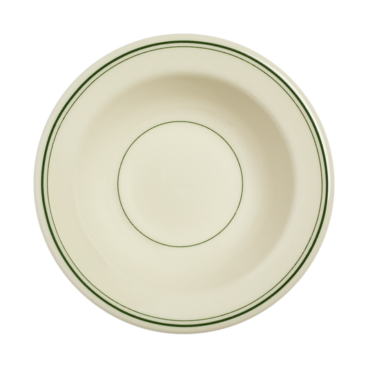 Beige ceramic bowl with green rim on a white background