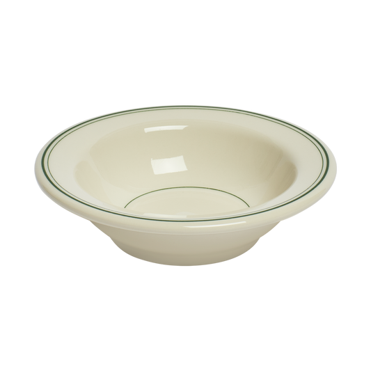 Beige ceramic bowl with green rim on a white background