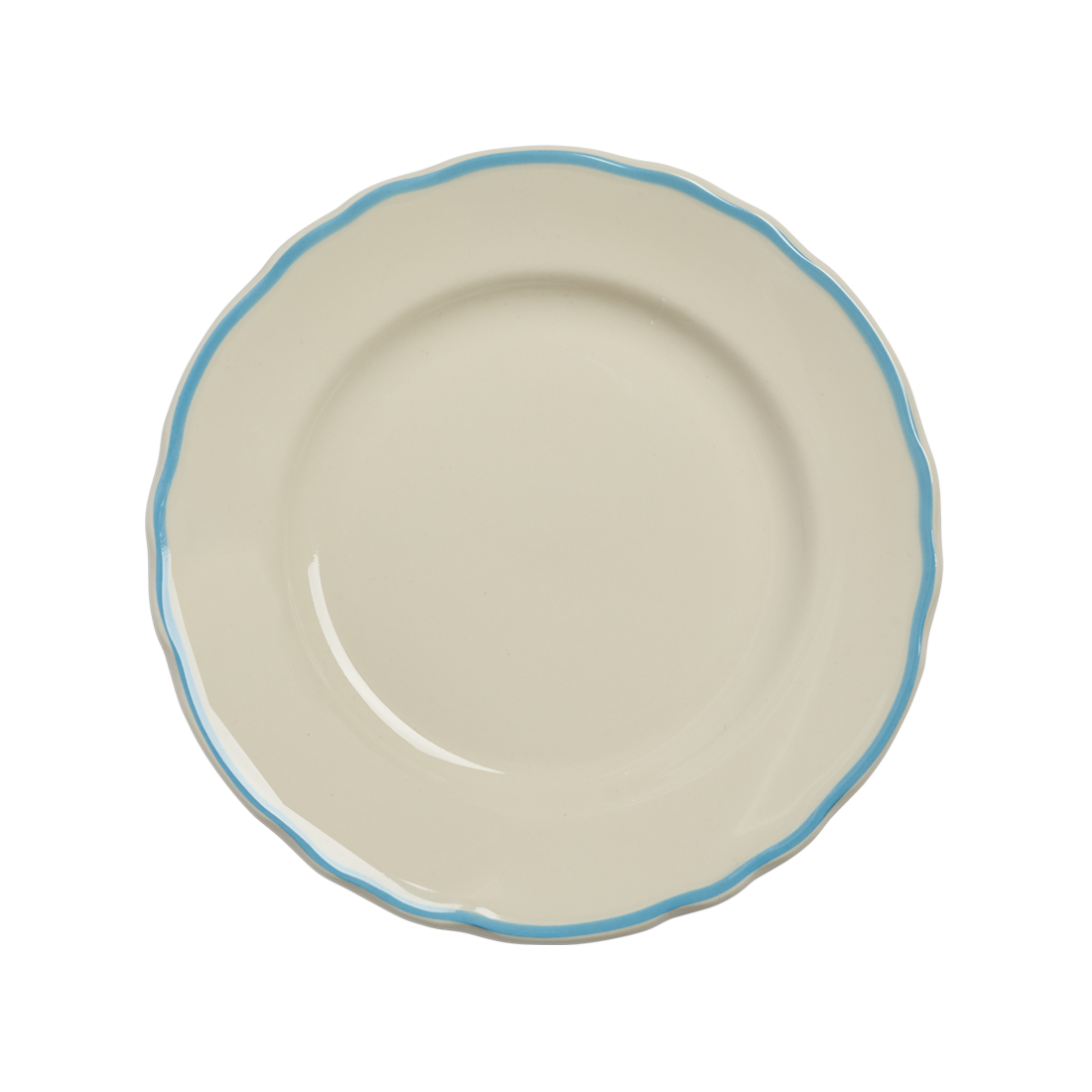 Beige ceramic plate with a blue rim on a white background