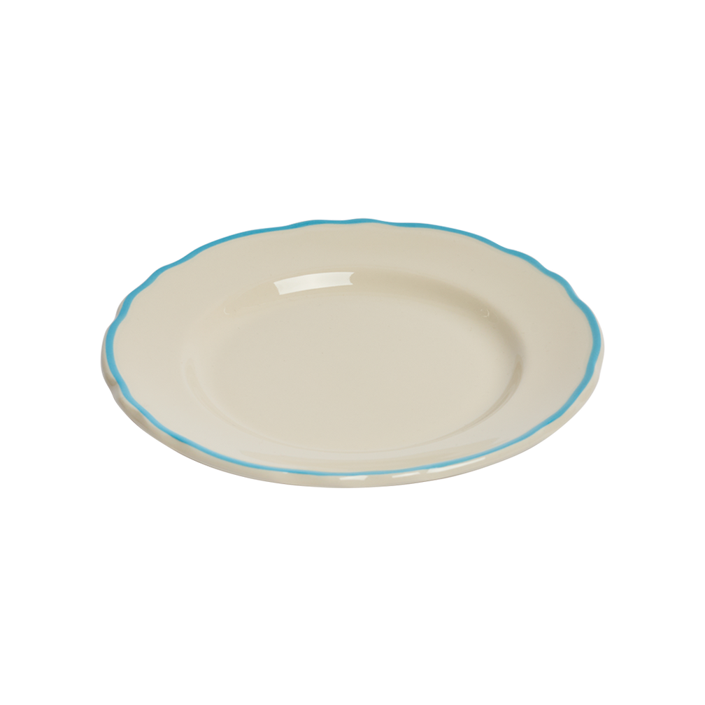 Ceramic plate with a blue rim on a white background