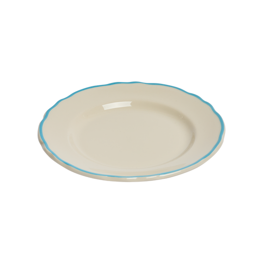 Ceramic plate with a blue rim on a white background