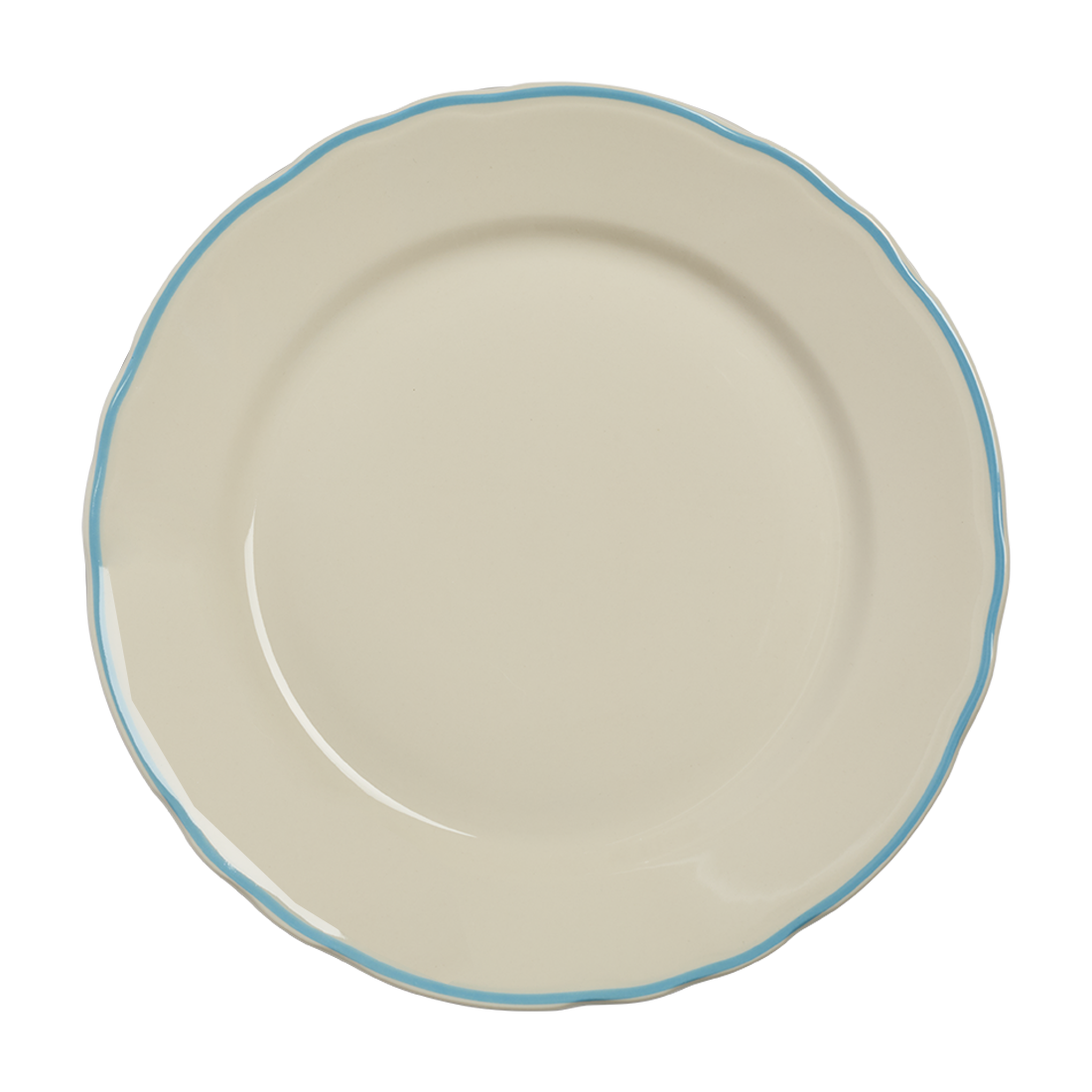 Beige ceramic plate with a blue rim on a white background
