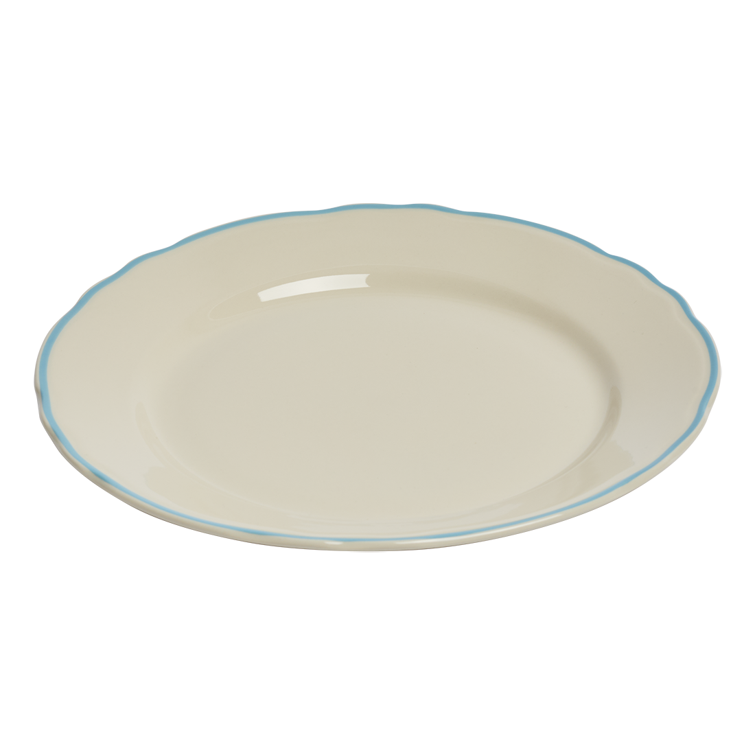 Beige ceramic plate with a blue rim on a white background