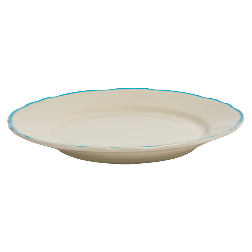 Beige ceramic plate with a blue rim on a white background
